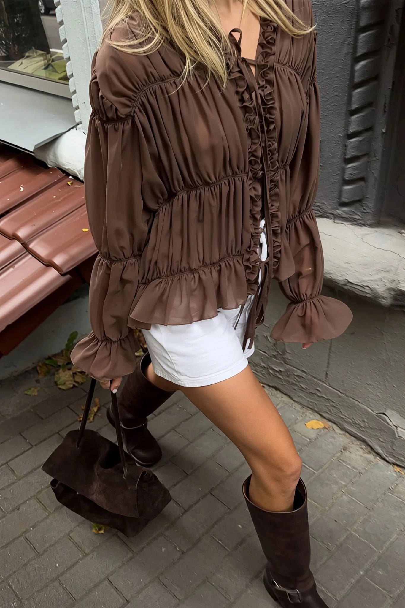 Beatrice Ruched Ruffle Tie Blouse