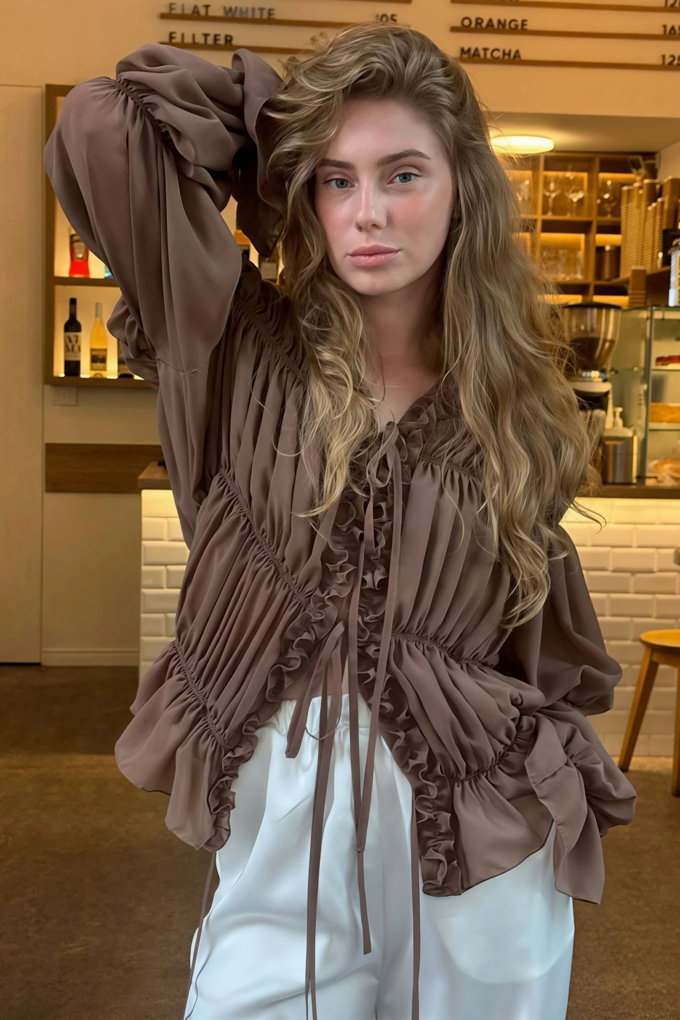Beatrice Ruched Ruffle Tie Blouse - Image 3
