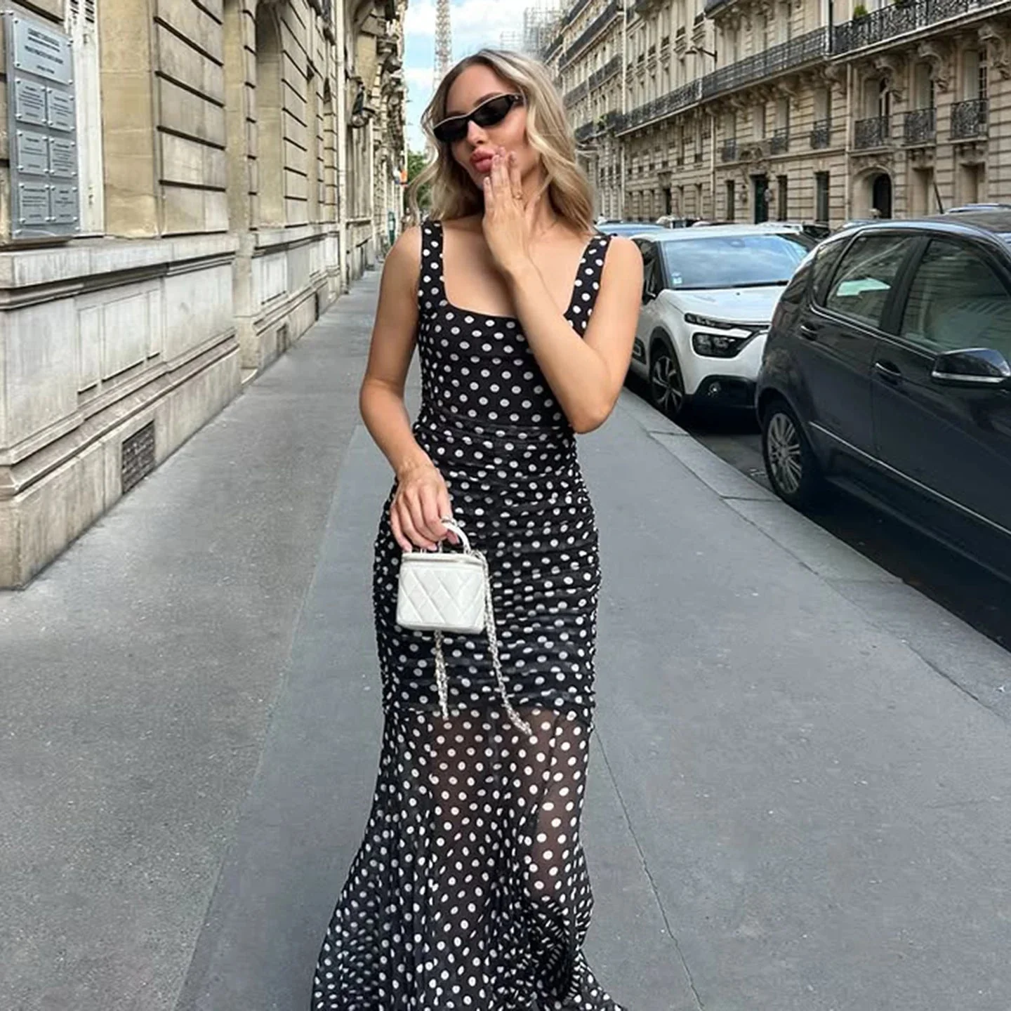 Carmina Polka Dot Mesh Patchwork Maxi Dress