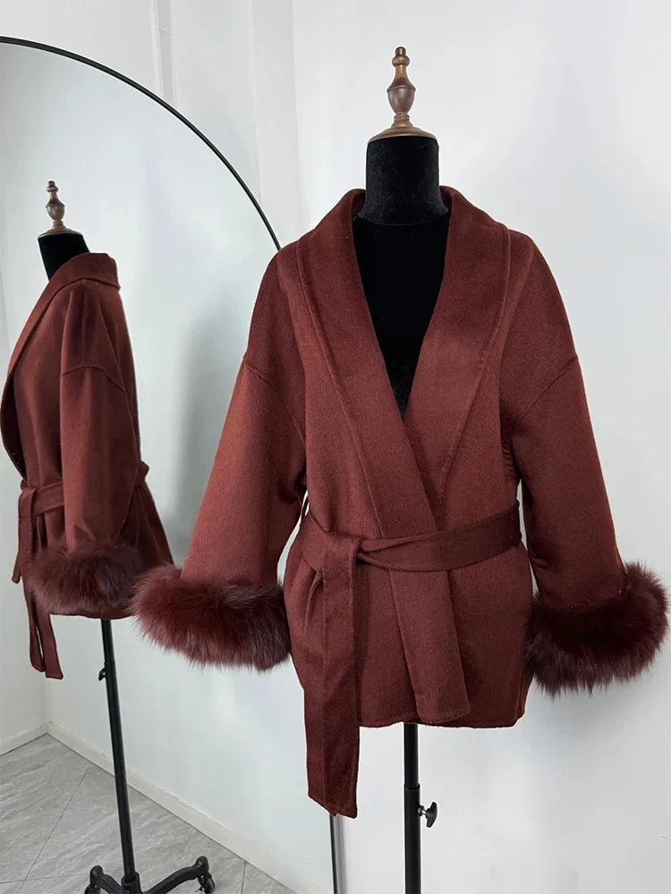 Wool Wrap Coat with Fox Fur Cuff - Image 37