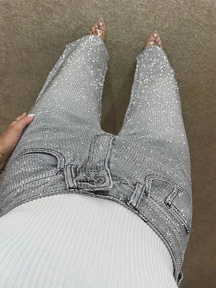 Eliana Wide Leg Denim Pants with Rhinestones - Image 5