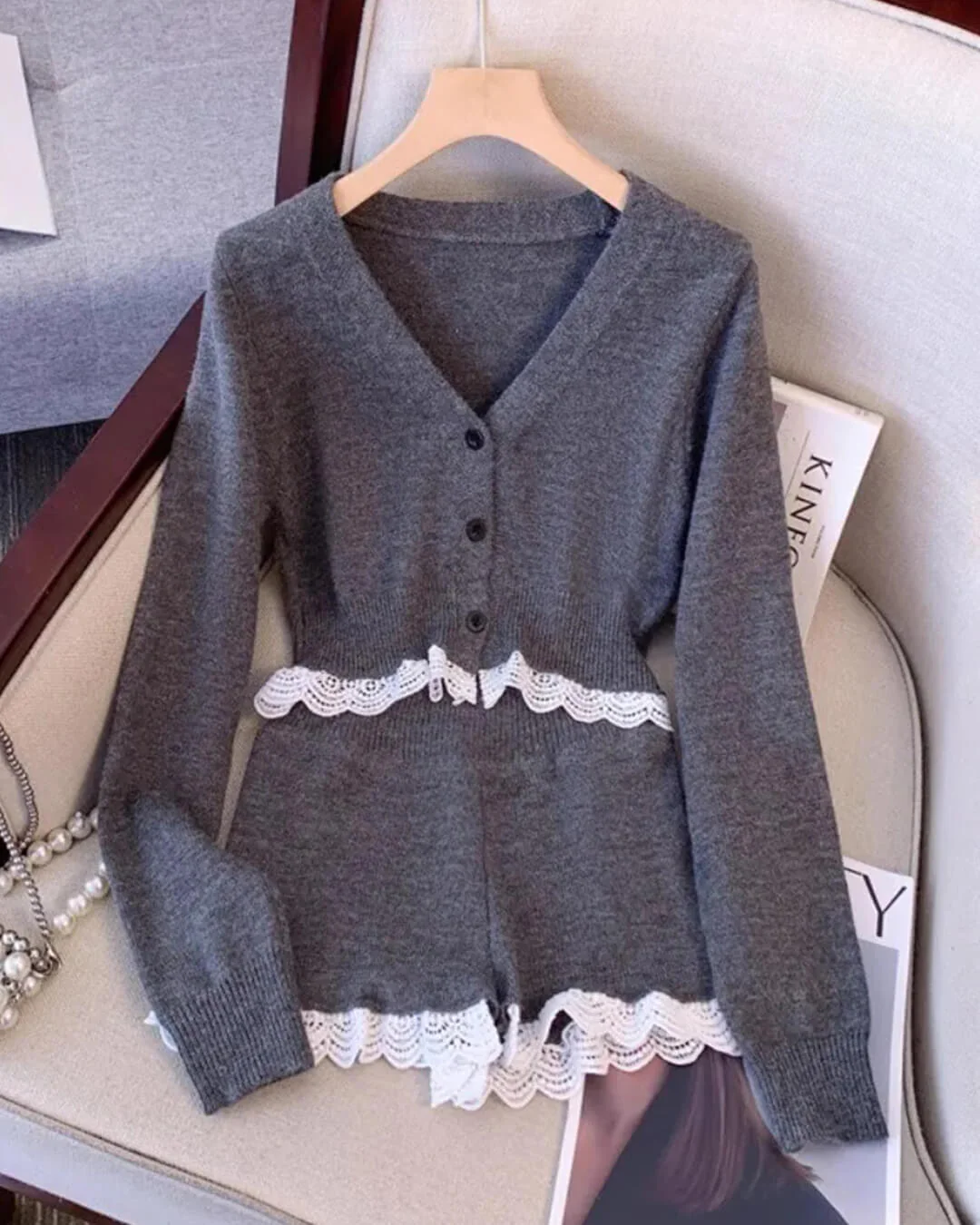 Lucy Lace Trim Cardigan Short Set - Image 7