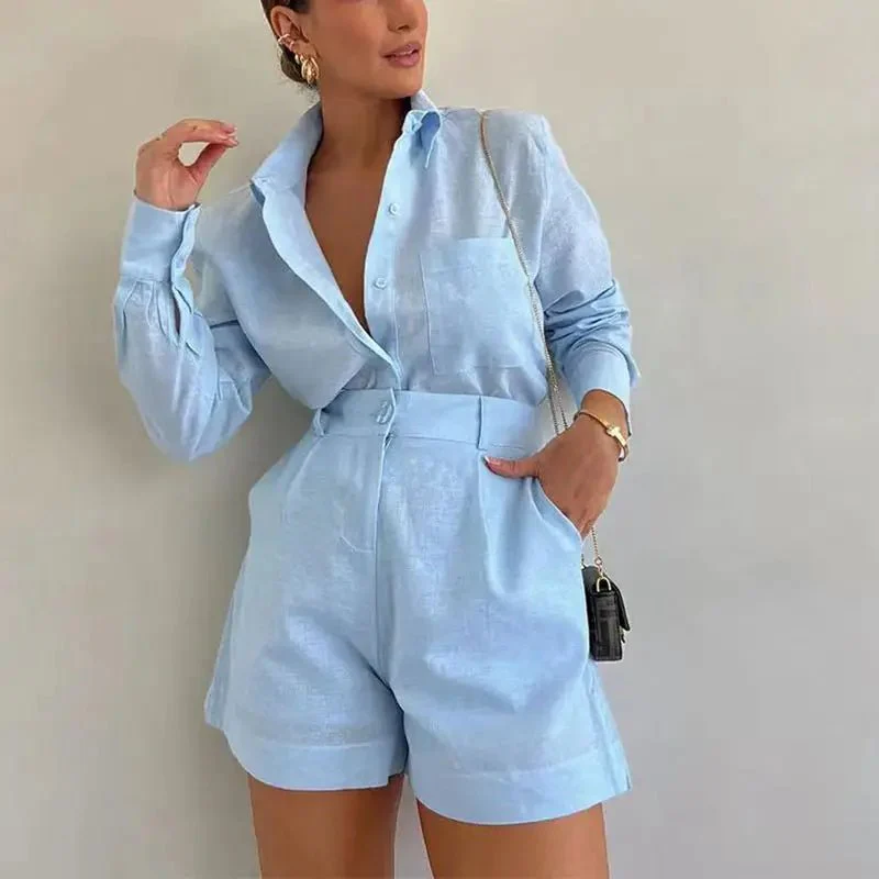 Solenn Long Sleeve High Waist Shorts Linen Set - Image 4